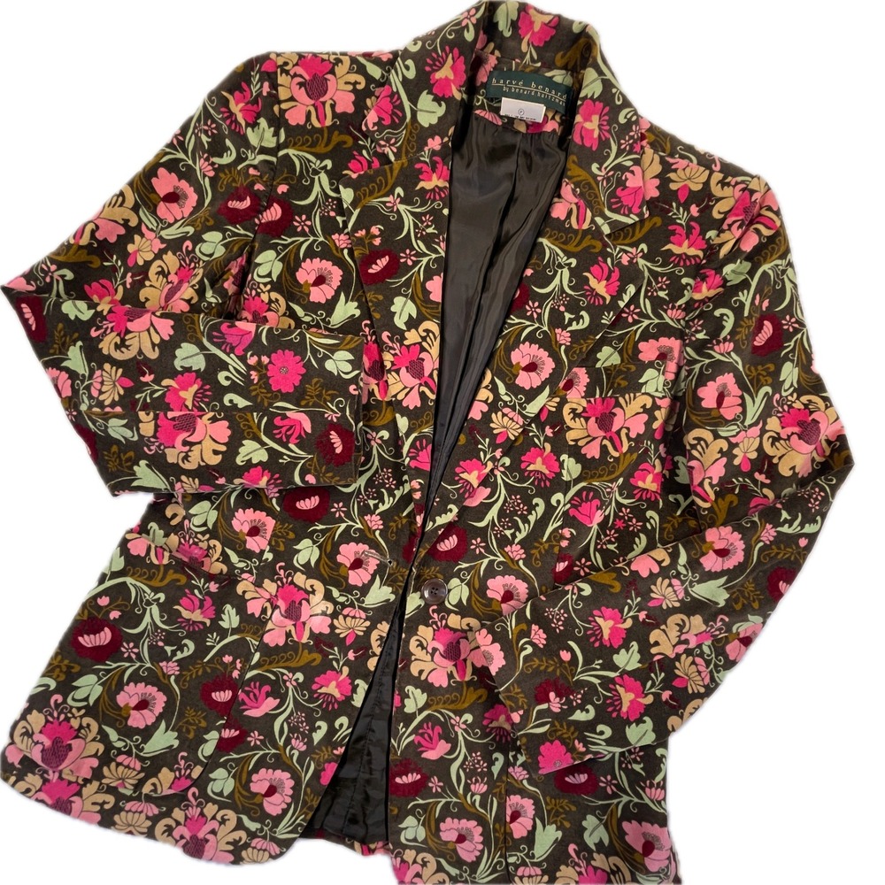 Harve Benard Floral Velveteen Blazer 6 Brown Pink Jacket Academia Y2K Retro Boho